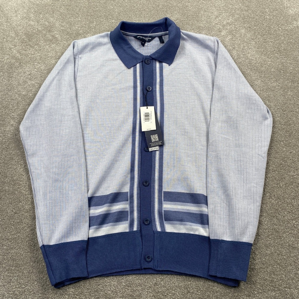 Report Collection Sweater Polo Mens Small Calm Blue Striped Button Front 401001R